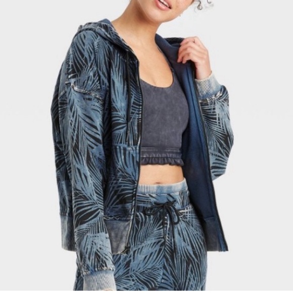 JoyLab Tops - JoyLab Full Zip French Terry Distressed Blue & Black Palm Print Hoodie Medium